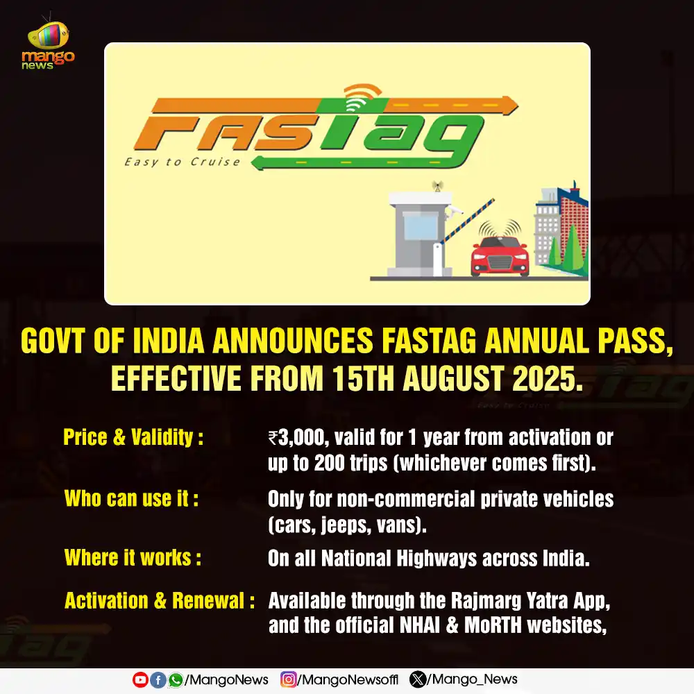 Image from Mango News: *Govt of India announces FASTag Annual Pass, effective from 15th Augus...