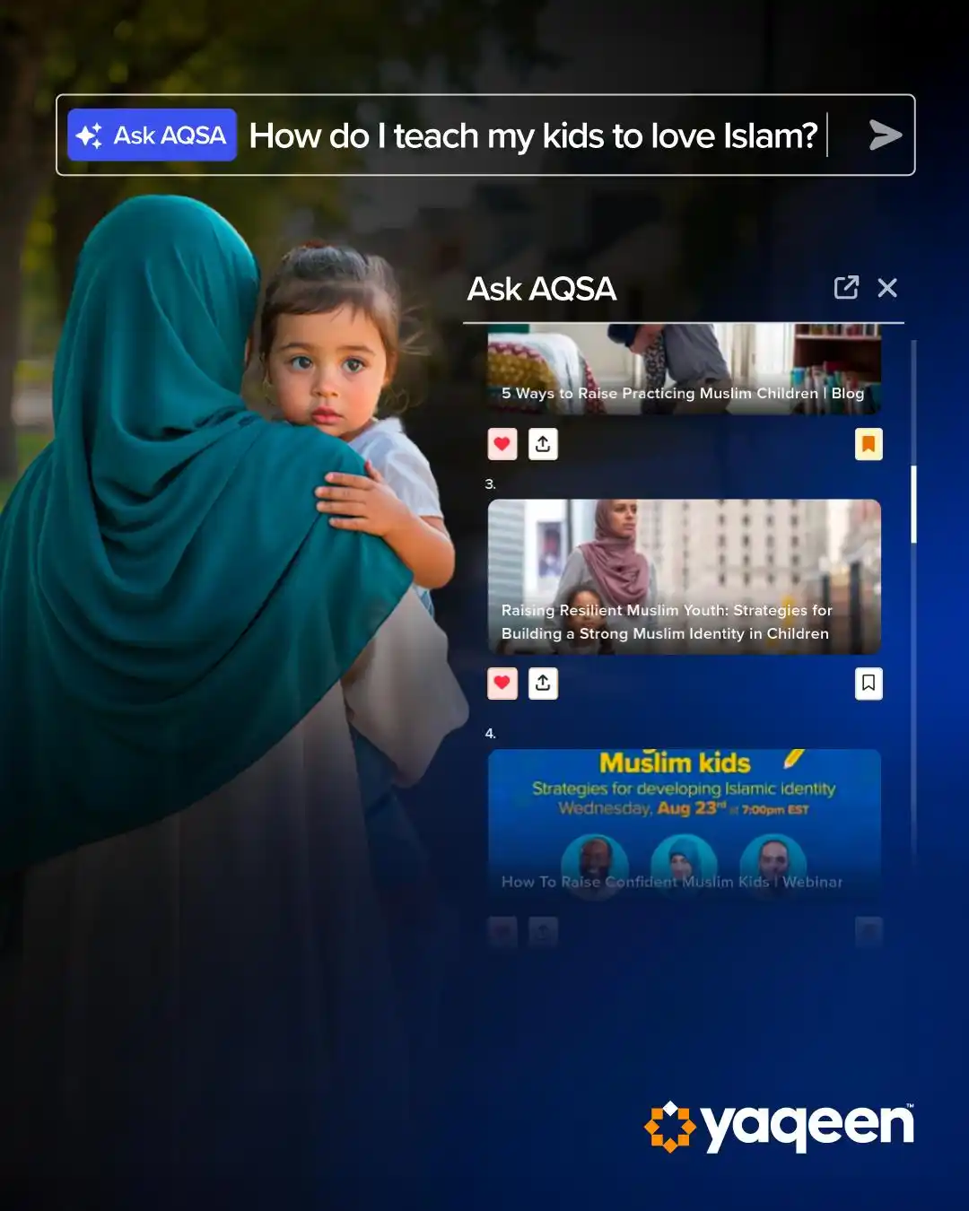 Image from Yaqeen Institute: Hard questions? Ask Aqsa, your personal search-and-find expert! Aqsa...