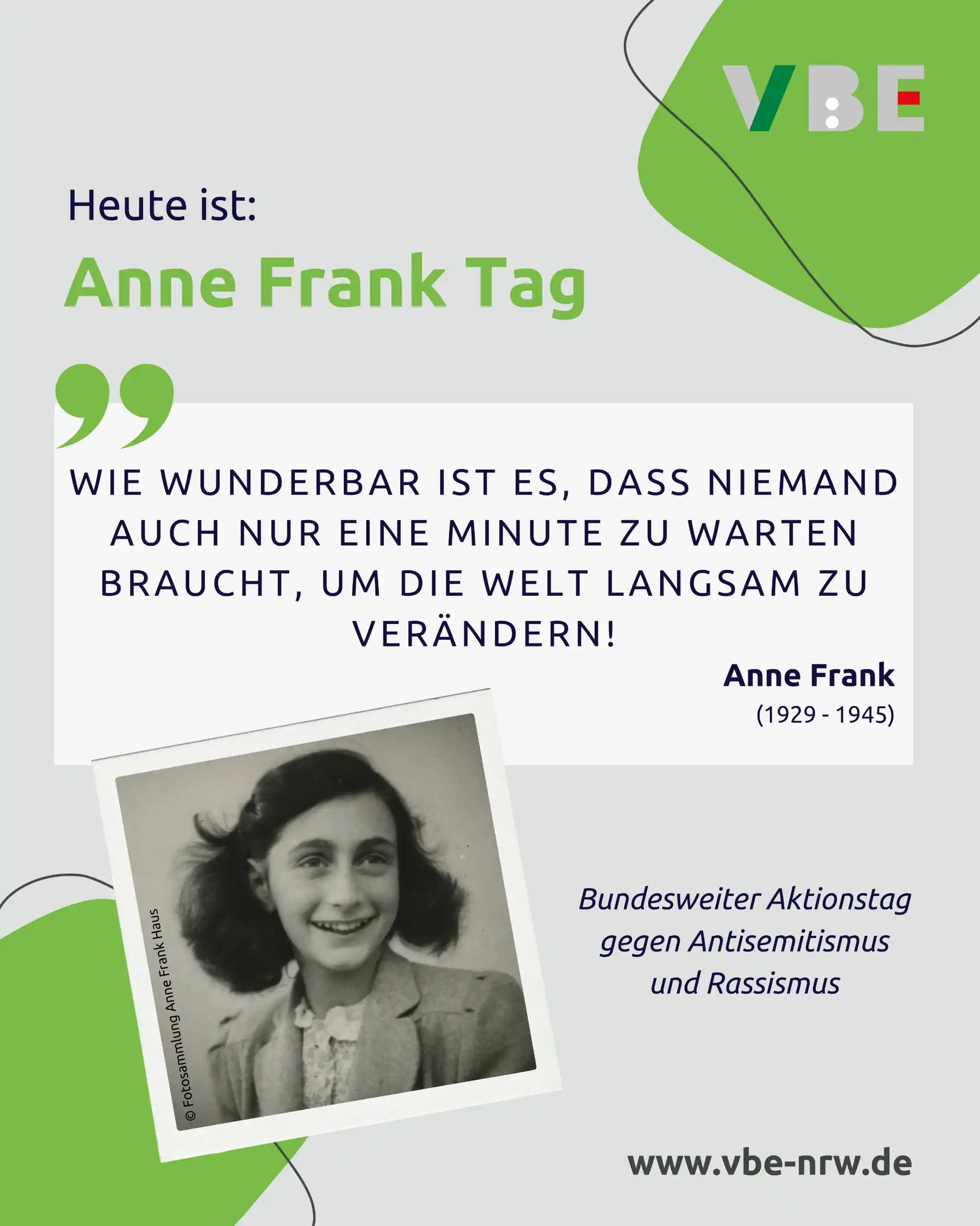 Image from VBE NRW: 🟩 Heute ist der Anne Frank Tag! 🟩 Bereits seit 2017 findet der bund...