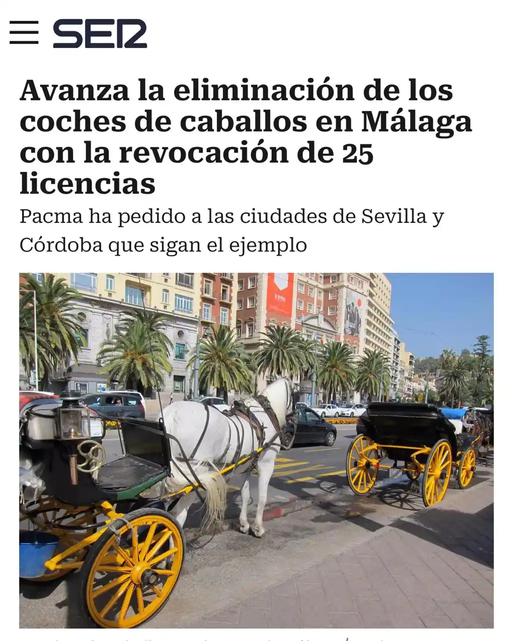 Image from PACMA: 🙌¡Los coches de caballos pueden acabar en Málaga este año! 👏Celebra...