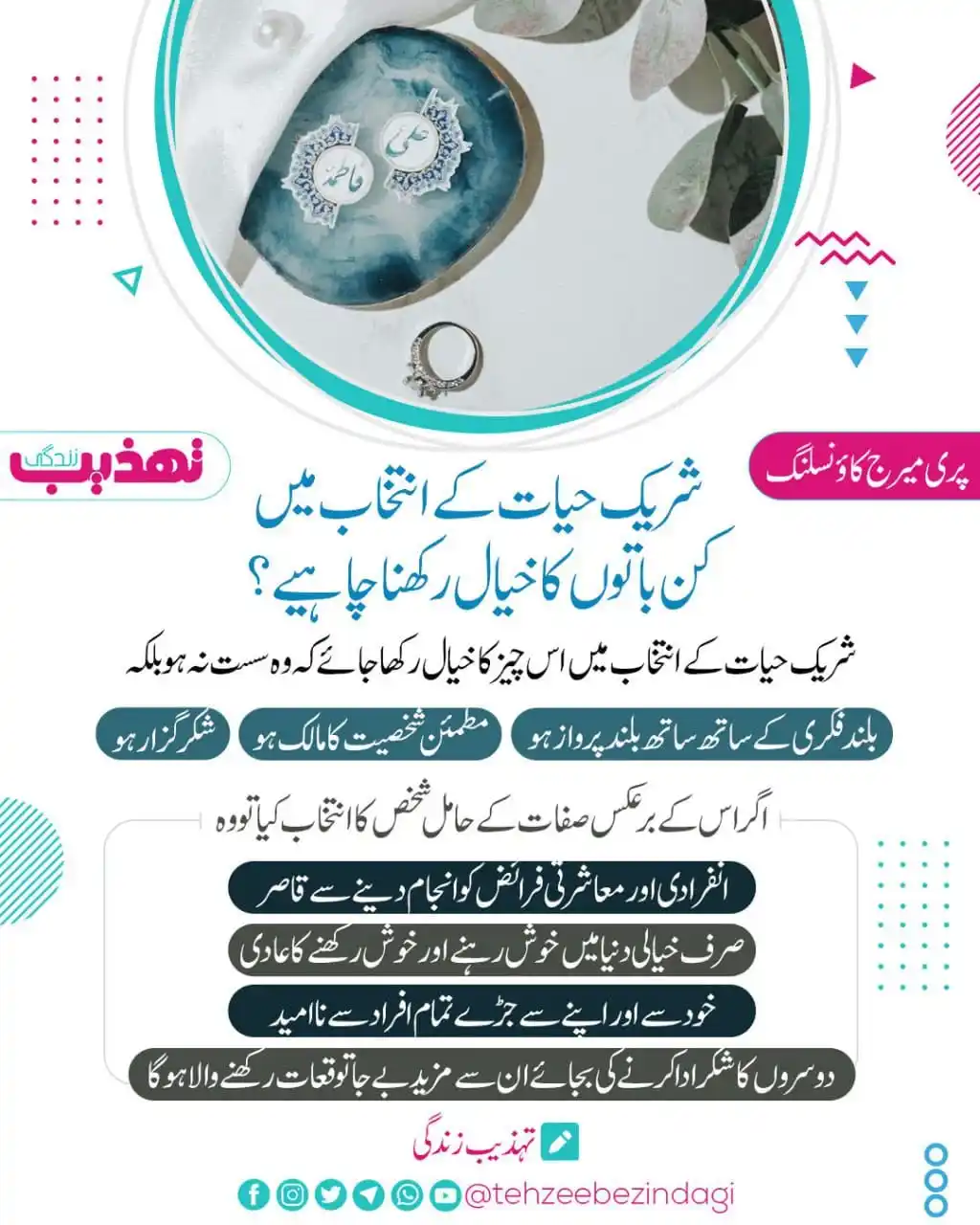 Image from Tehzeebezindagi: *📷 شریک حیات کے انتخاب میں کن باتوں کا خیال رکھنا چاہیے؟*  *شریک حیات...