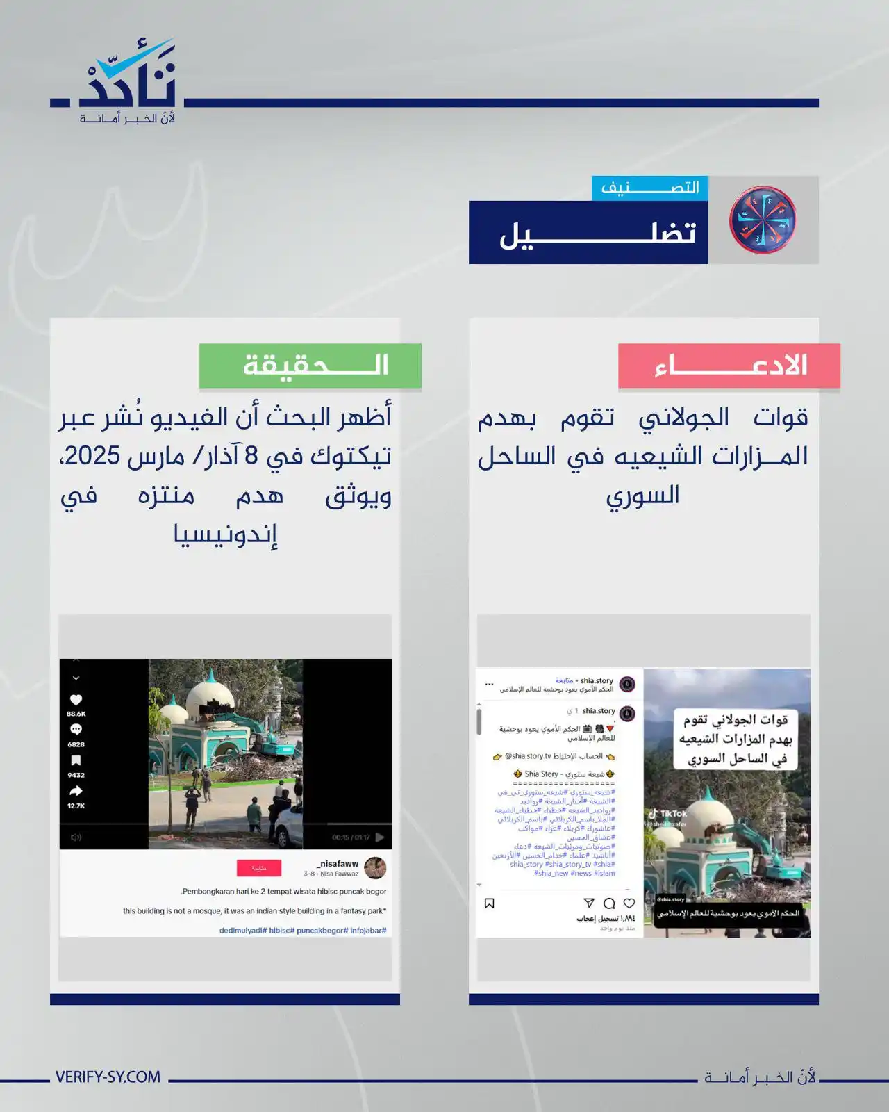 Image from منصة تأكد: الادعاء أن الفيديو المتداول يُظهر هدم "قوات الجولاني" للمزارات الشيعية...