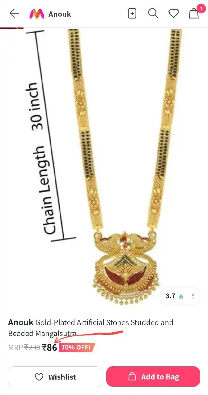 Image from 💥 Loot Bazaar – Amazon Flipkart Myntra Meesho Ajio Deals Offers Coupons Discounts Sale Today 🔥: Anouk Gold plated studded & Beaded Mangalsutra ₹86 rs 👉https://myntr....