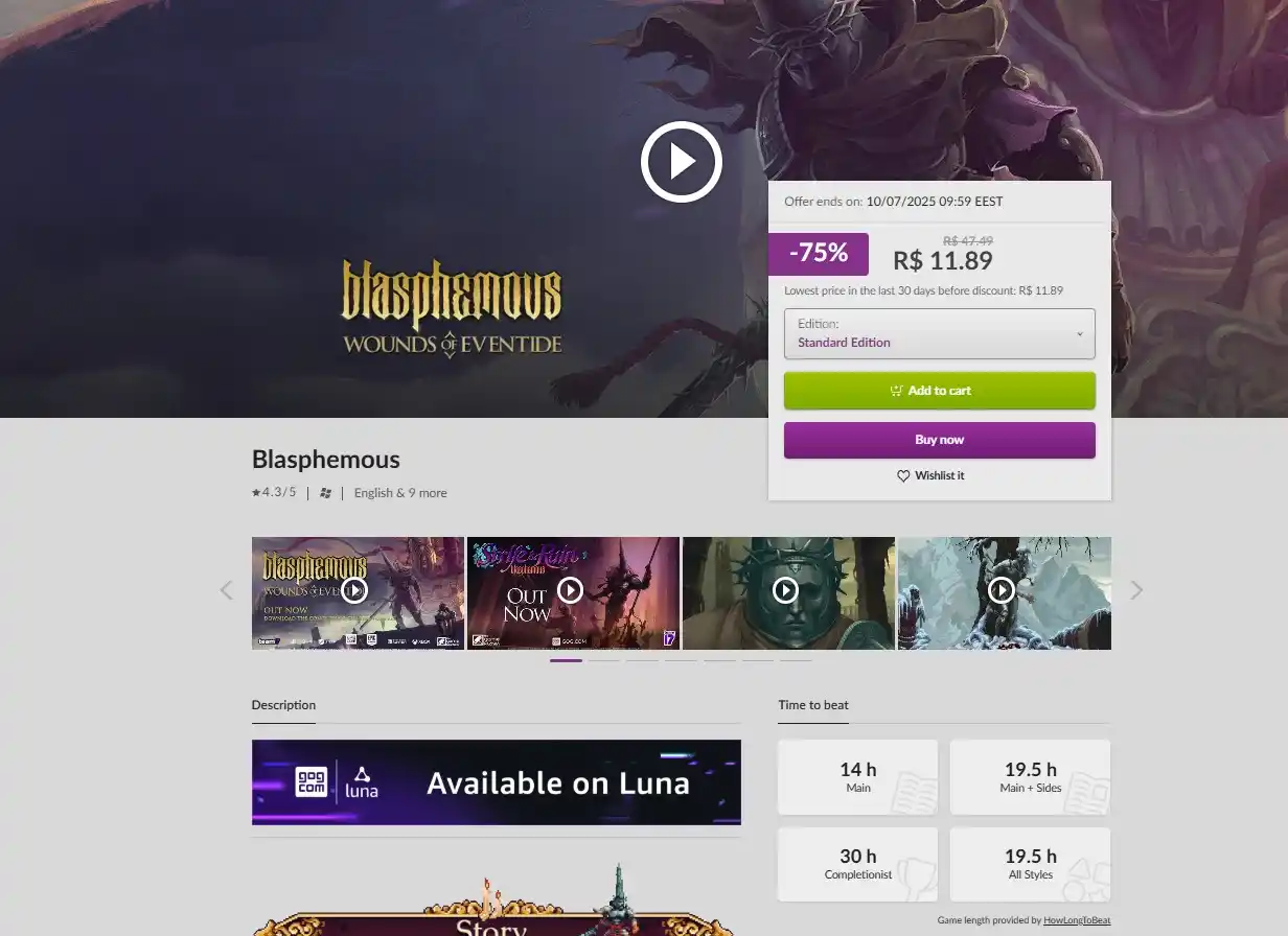 Image from Ofertas - GamePlaysCassi: Blasphemous sem DRM por R$ 11,89 na GOG sem DRM. Na Steam está R$ 13,...