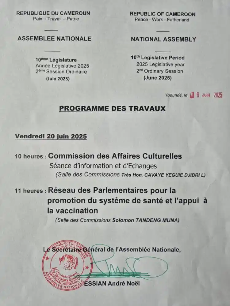 Image from infos Actualité Divine: 🇨🇲🇨🇲Programme des Travaux de l'Assemblée Nationale Le 20 juin 202...