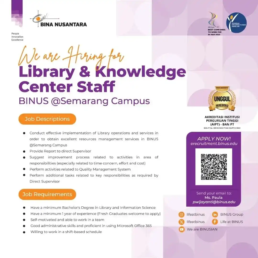 Image from Lowongan Pustakawan: Lowongan Pustakawan di BINUS Kampus Semarang, Semarang, Jawa Tengah....
