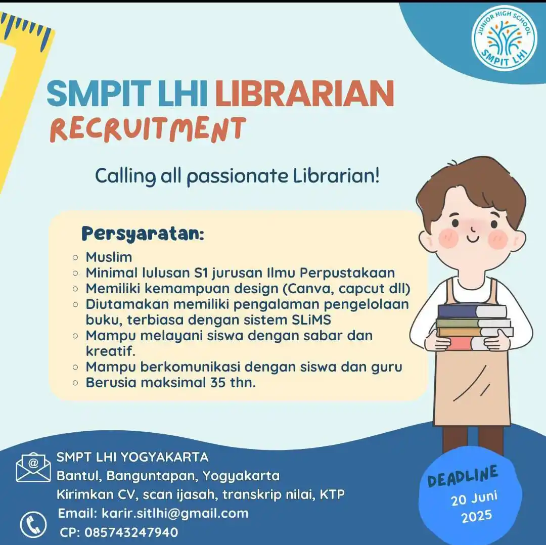 Image from Lowongan Pustakawan: Lowongan Pustakawan di SMPIT LHI (SMP IT Luqman Al Hakim Internasional...