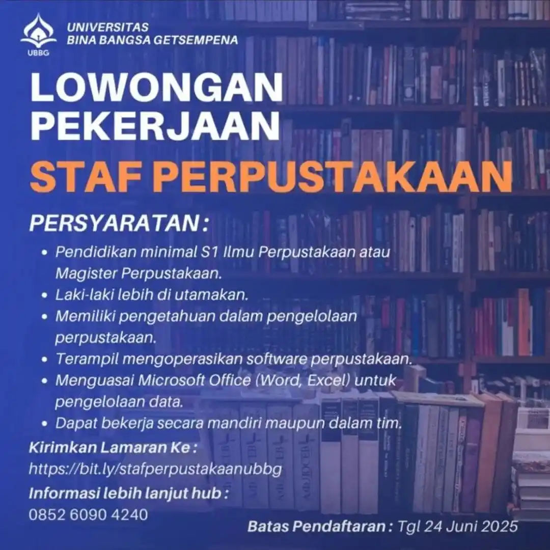 Image from Lowongan Pustakawan: Lowongan Pustakawan di Universitas Bina Bangsa Getsempa, Kota Banda Ac...