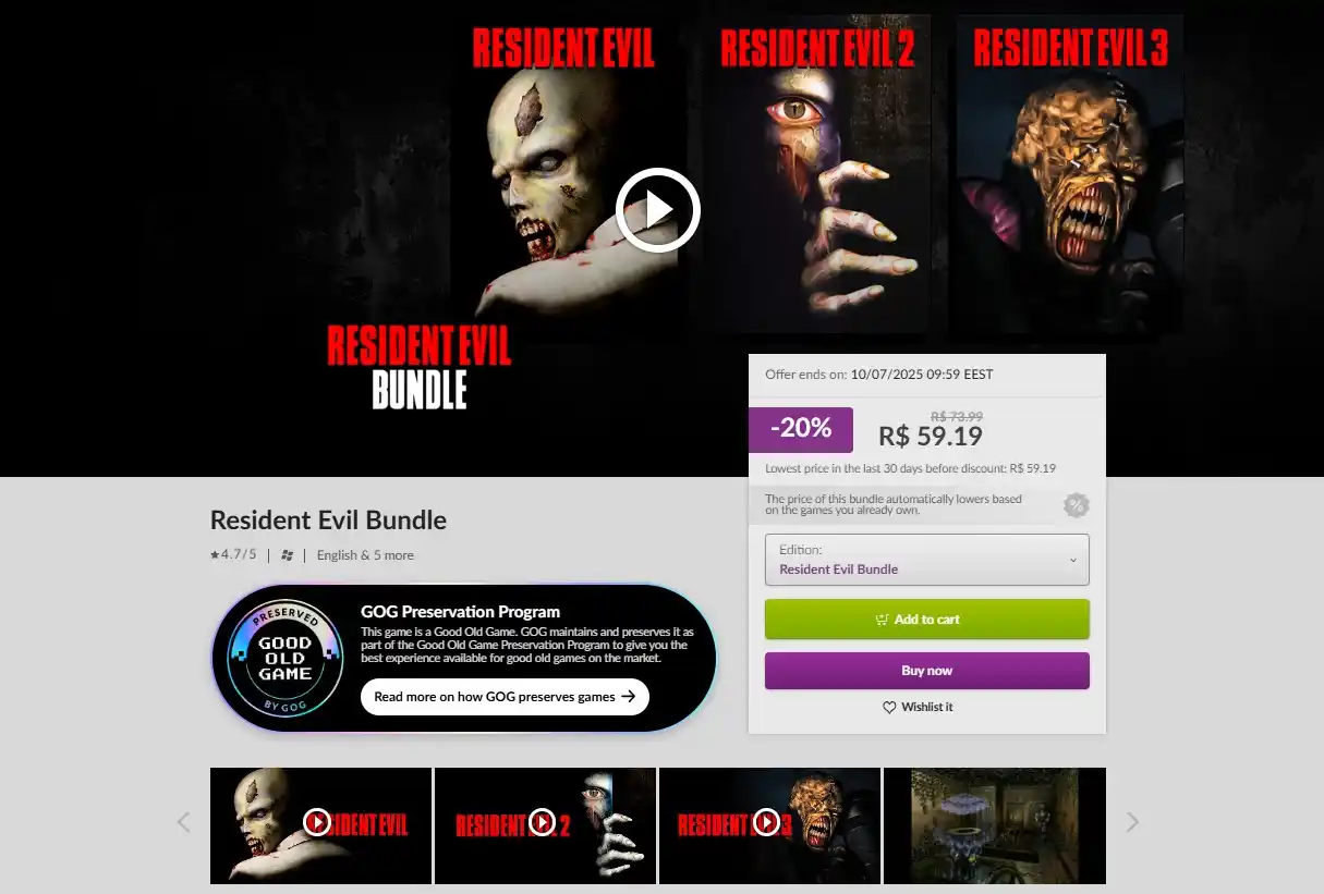 Image from Ofertas - GamePlaysCassi: Resident Evil Bundle (jogos clássicos) por R$ 59,19 na GOG sem DRM. O...
