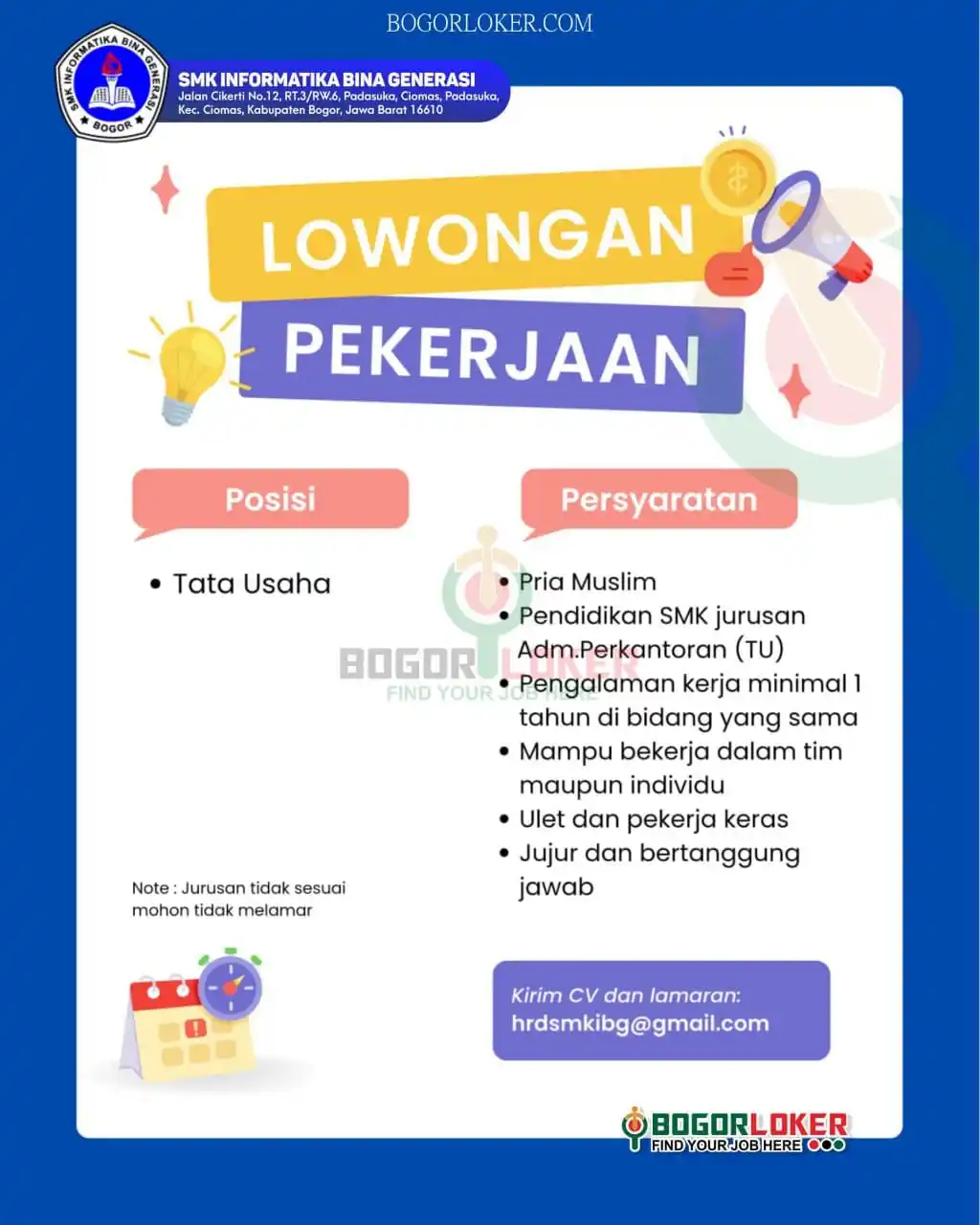 Image from BOGORLOKER.COM: Saat ini SMK INFORMATIKA BINA GENERASI BOGOR sedang membuka lowongan u...