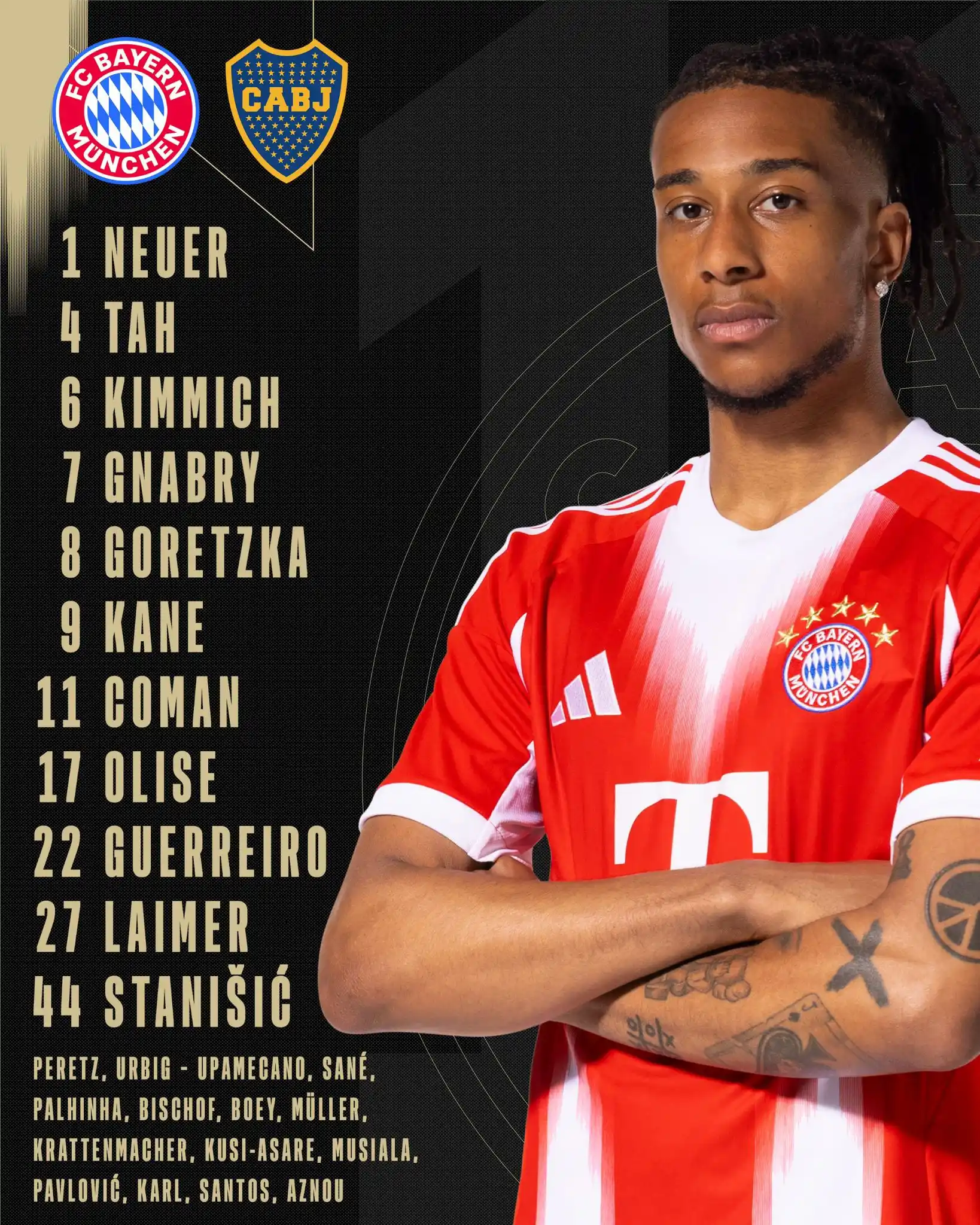 Image from FC Bayern: 📋 Unsere 𝗦𝗧𝗔𝗥𝗧𝗘𝗟𝗙 𝓿𝓼. 𝗕𝗢𝗖𝗔 𝗝𝗨𝗡𝗜𝗢𝗥𝗦 🌎...
