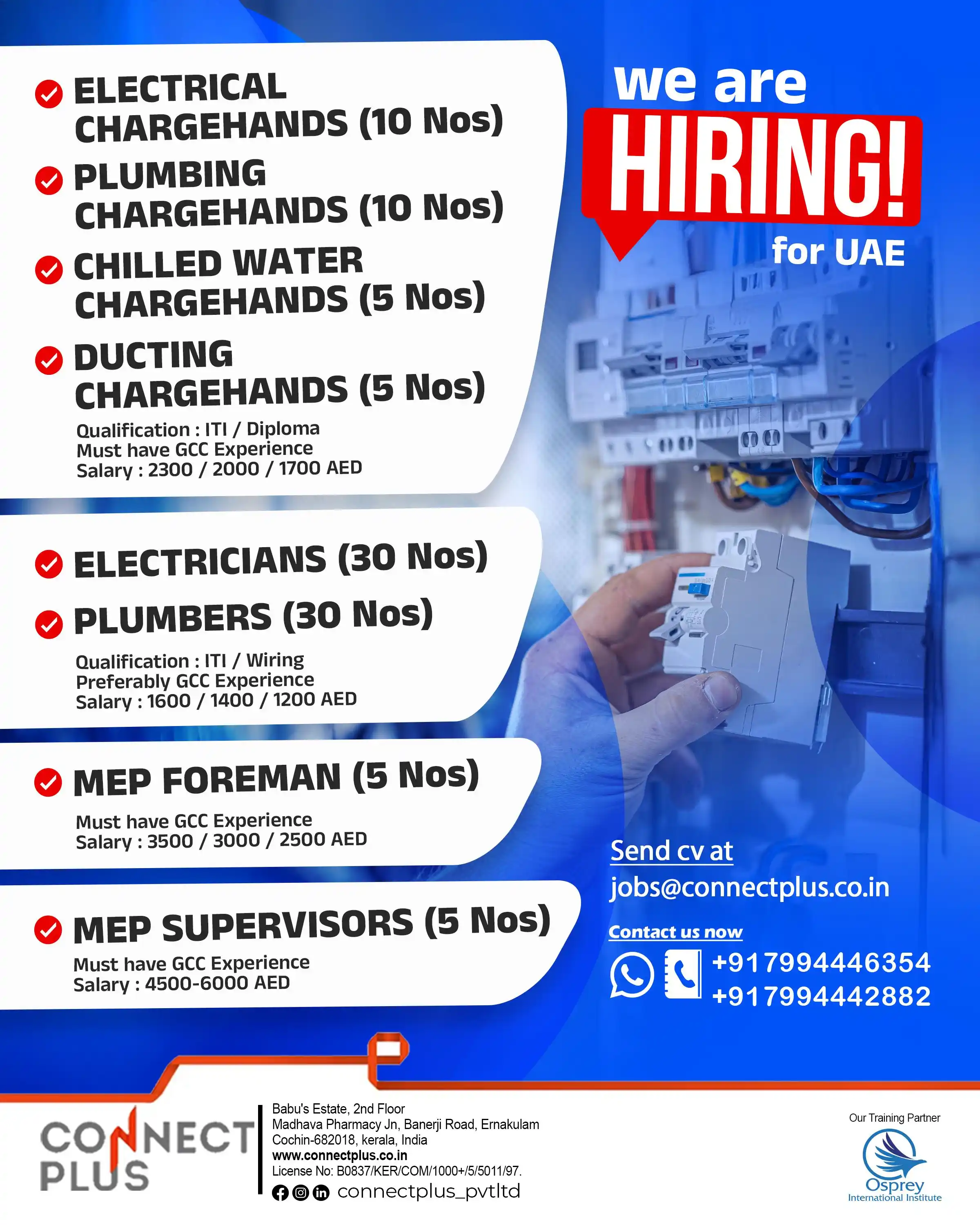 Image from CONNECT PLUS PVT LTD: *📢 WE ARE HIRING FOR UAE 📢*   📌 ELECTRICAL CHARGEHANDS (10 Nos)  📌...