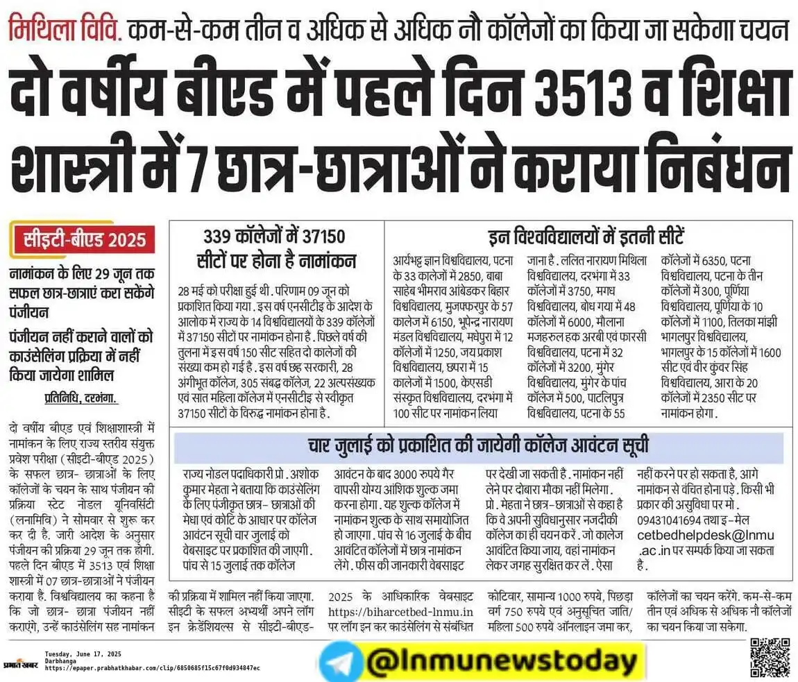Image from 𝐋𝐚𝐥𝐢𝐭 𝐍𝐚𝐫𝐚𝐲𝐚𝐧 𝐌𝐢𝐭𝐡𝐢𝐥𝐚 𝐔𝐧𝐢𝐯𝐞𝐫𝐬𝐢𝐭𝐲 ✅: *CET-B.Ed. 2025: दो वर्षीय बी.एड. कोर्स में पहले दिन ही 3513 छात्र-छात...