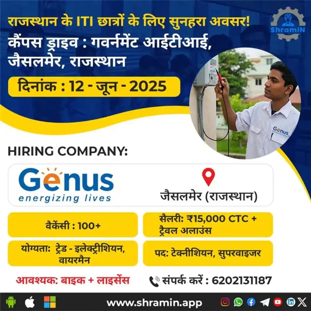 Image from Jobscutter.com: 🔥 *ITI Students Campus Drive at Govt. ITI Jaisalmer by Genus | June 2...
