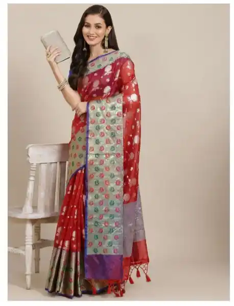 Image from TG DEALS ✅: 🔥🔥Silk Land Red & Silver-Toned Floral Zari Art Silk Banarasi Saree  ...