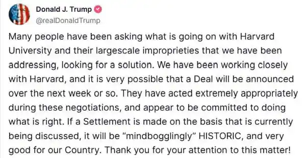 Image from Global News: 🇺🇸 - דונלד טראמפ פרסם ב-Truth Social שהם קרובים להסדר עם הרווארד בנו...