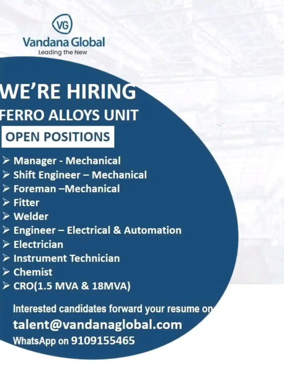 Image from Talent Mover: Vandana Global Recruitment 📢📢 (Ferro Alloys Unit)  <a class="text-bl...