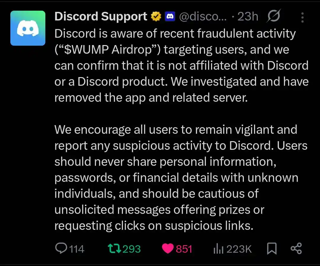 Image from CRYPTO AIRDROP: Discord Support on X confirmed that WUMP is not affiliated with Discor...