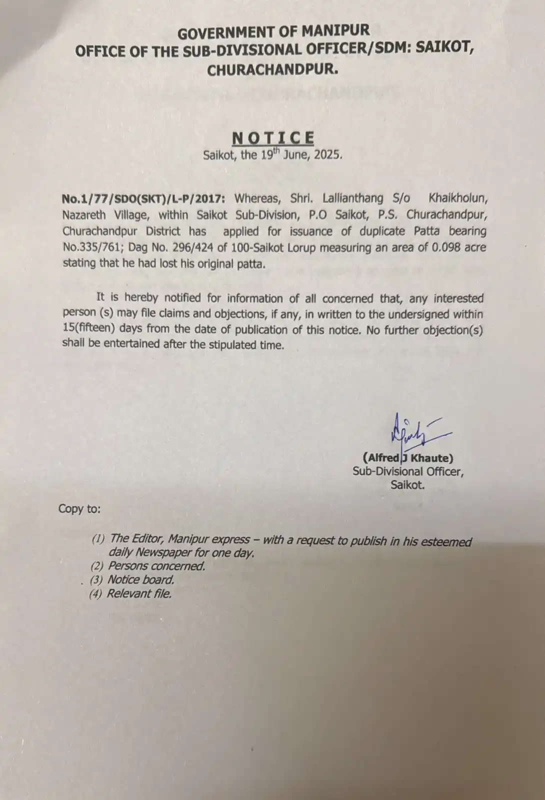 Image from 𝐙𝐨𝐠𝐚𝐦 𝐈𝐧𝐒𝐢𝐠𝐡𝐭: *GOVERNMENT OF MANIPUR* OFFICE OF THE SUB-DIVISIONAL OFFICER/SDM: SAIK...