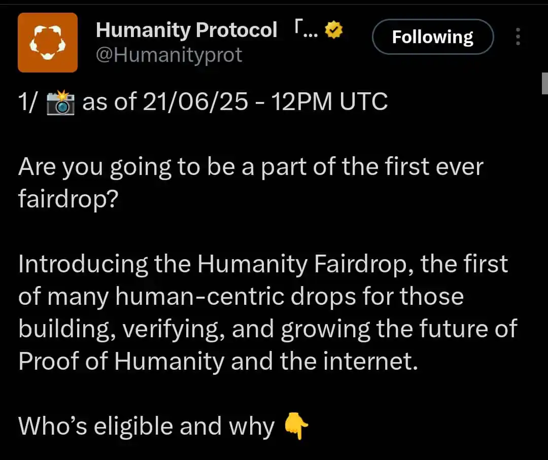 Image from CRYPTO AIRDROP: Humanity fairdrop snapshot taken. $H is coming _Stay active_...