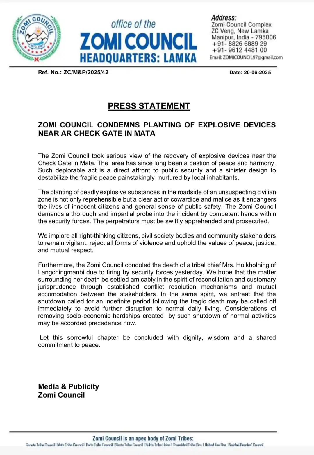 Image from ππ¨π ππ¦ ππ§ππ’π π‘π: _Office of the_ *ZOMI COUNCIL* Headquarters: Lamka *PRESS STATEMENT* ...