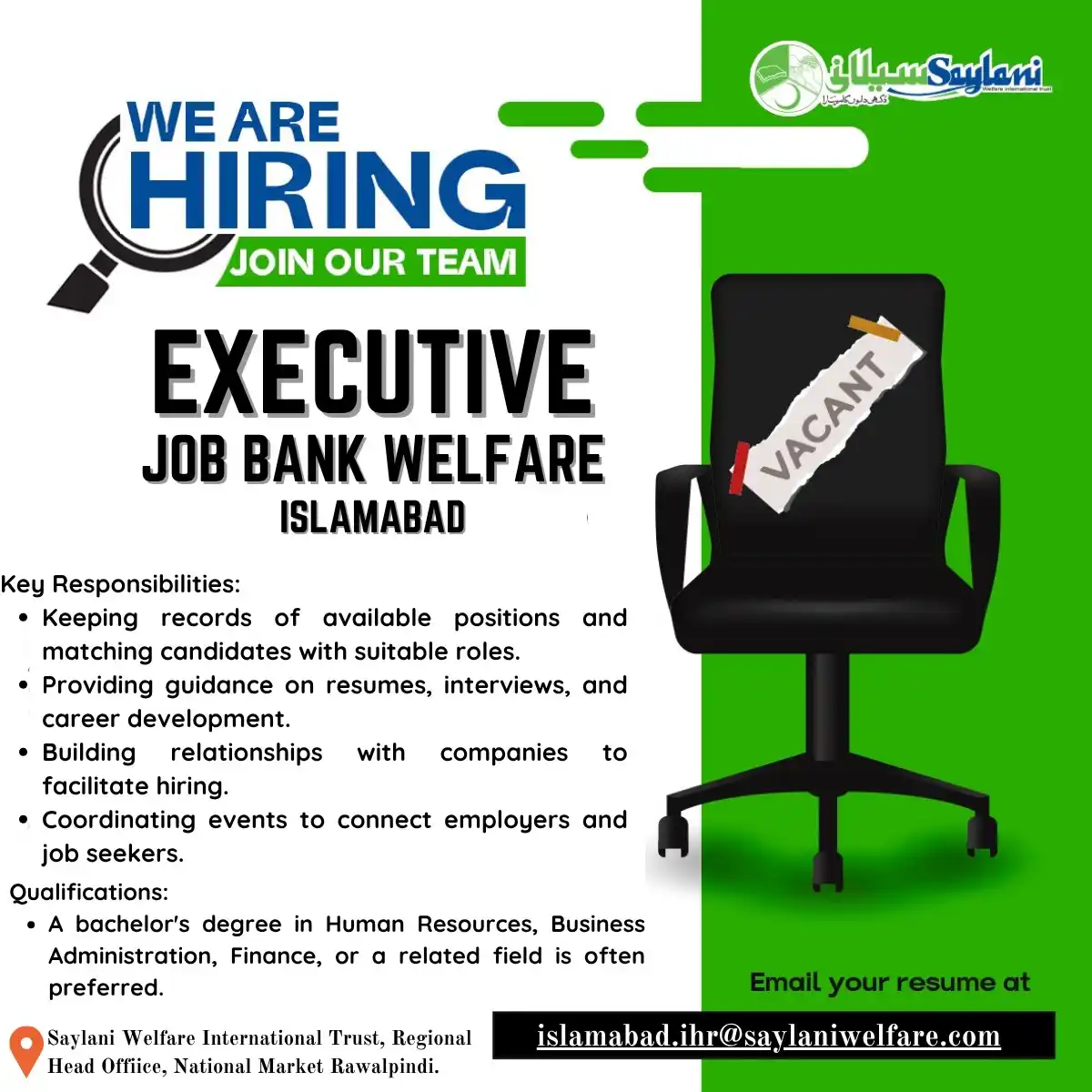 Image from Saylani Welfare International Trust.: Saylani Welfare Trust is hiring a Job Bank Executive in Islamabad. We'...