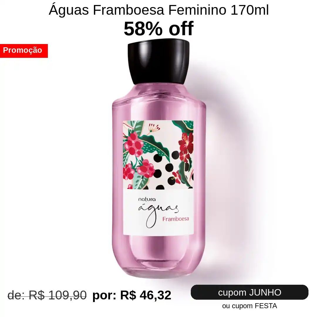 Image from 🛍 Adoramos Descontos 🛒Helium Marcos VIP: 🛍 *Águas Framboesa Feminino 170ml - 58% OFF!* 💵 de ~R$ 109,90~ *| Po...