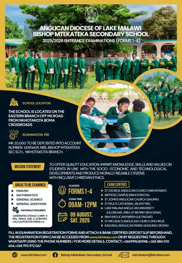 Image from ONLINE JOB VACANCIES: *ANGLICAN DIOCESE OF LAKE MALAWI*  *BISHOP MTEKATEKA SECONDARY SCHOOL*...