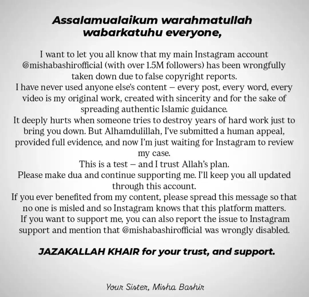 Image from Misha Bashir Official: 🧕🏻Assalamualaikum warahmatullah wabarkatuhu everyone,  I want to let...