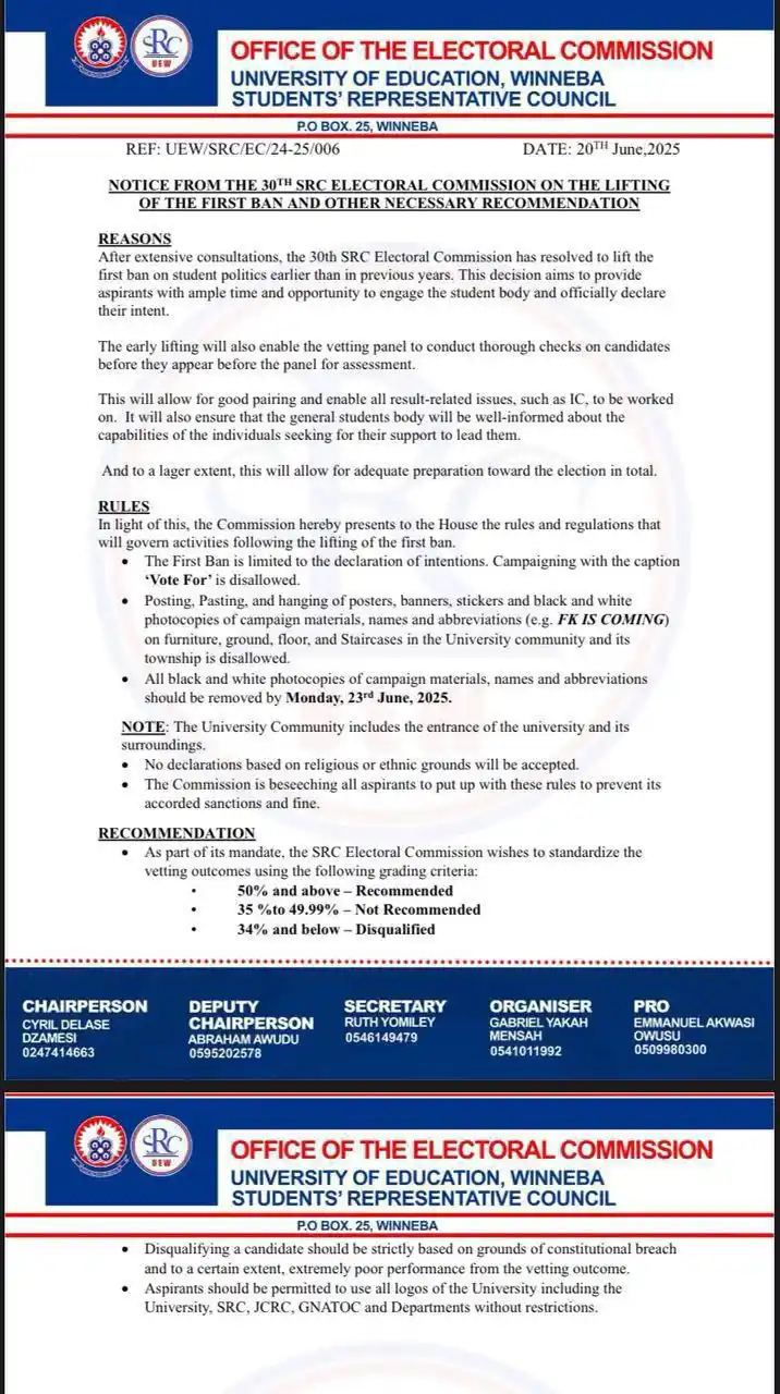 Image from UEW LIVE UPDATES: ‼️ *ATTENTION STUDENTS* ‼️ Notification from the 30th SRC Electoral C...