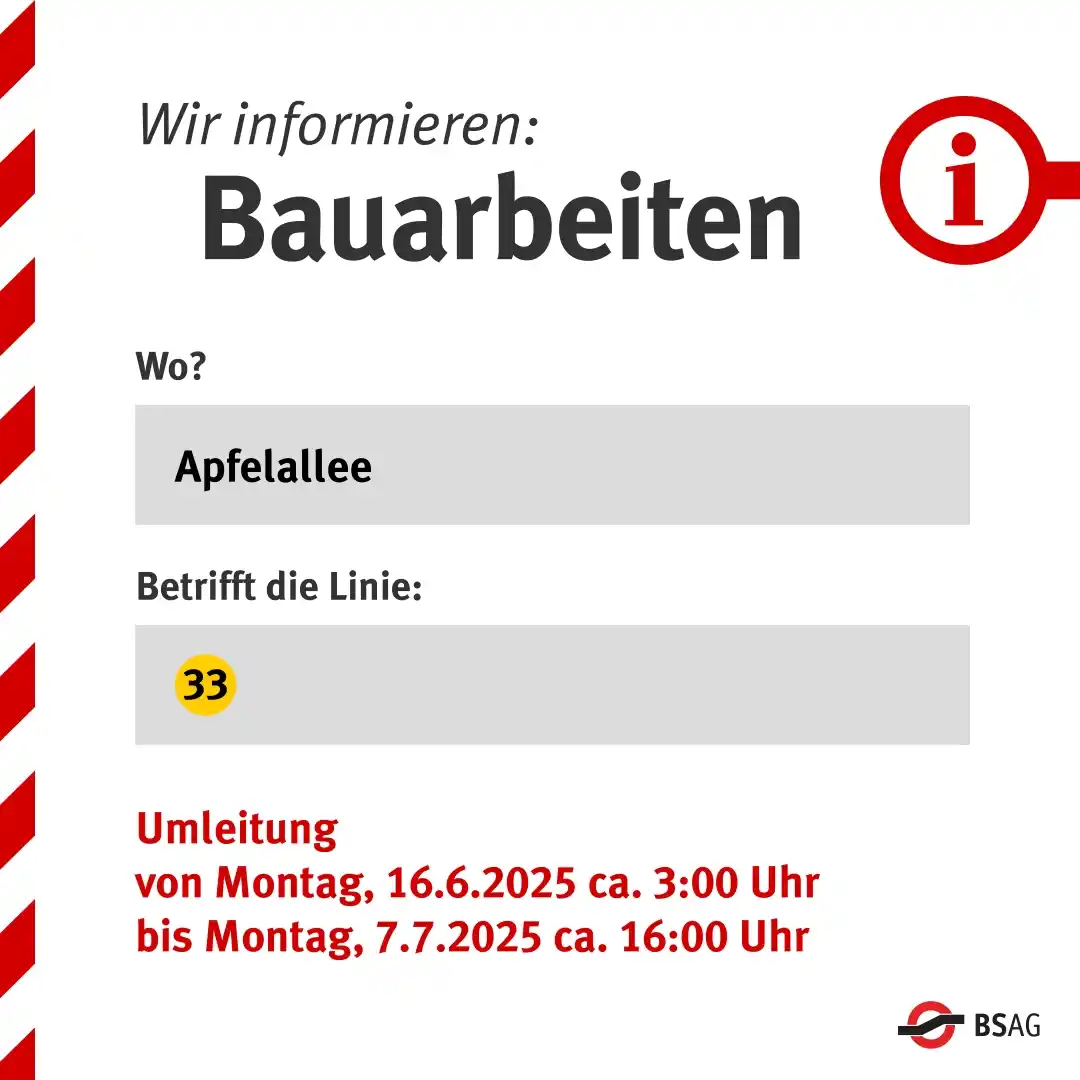 Image from Bremer Straßenbahn AG Fahrgastinformation: 👷🏽‍♀️ *Bauarbeiten auf der Apfelallee* 🚧   Grafische Darstellung: ➡...