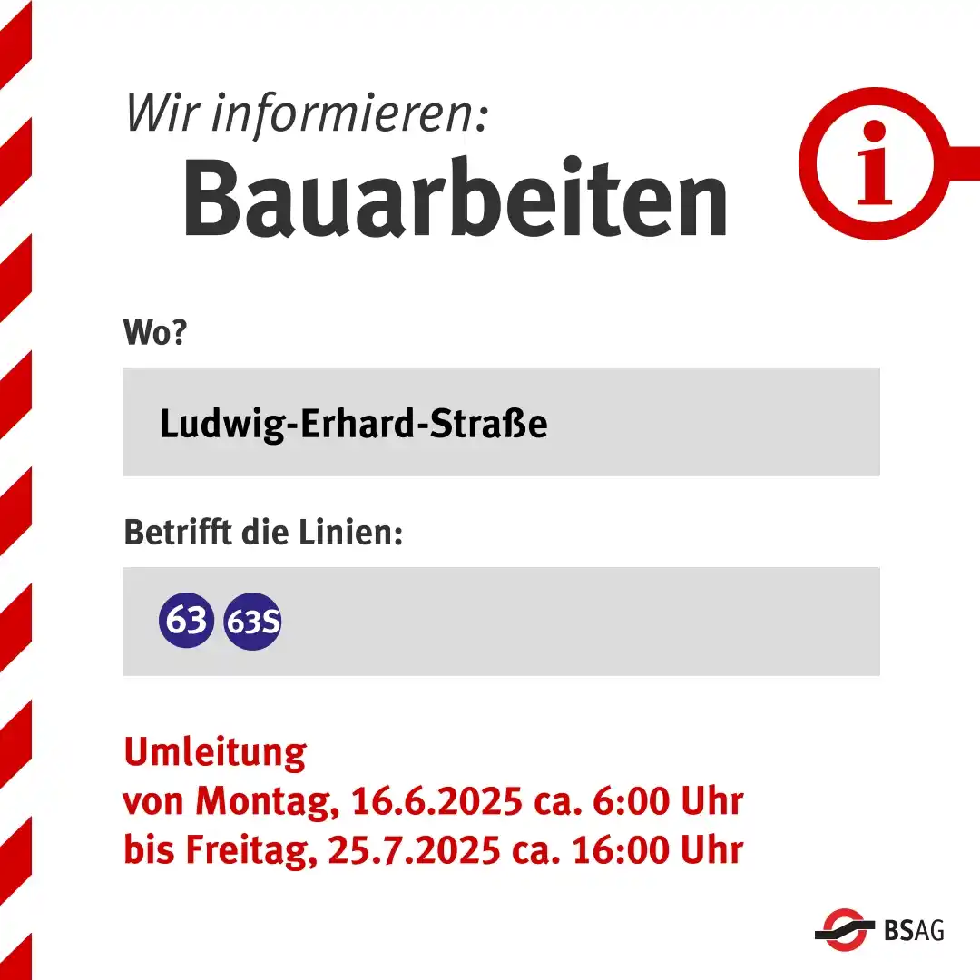 Image from Bremer Straßenbahn AG Fahrgastinformation: 👷🏽♀️ *Bauarbeiten auf der Ludwig-Erhard-Str.* 🚧 Grafische Darste...