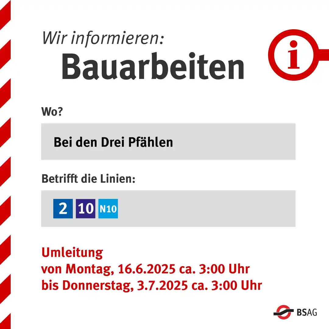 Image from Bremer Straßenbahn AG Fahrgastinformation: 👷🏽♀️ *Bauarbeiten Bei den Drei Pfählen* 🚧 Grafische Darstellung:...