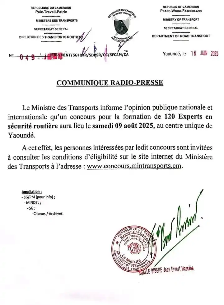 Image from Afrik New's: Concours Ministère des Transports Cameroun 🇨🇲...