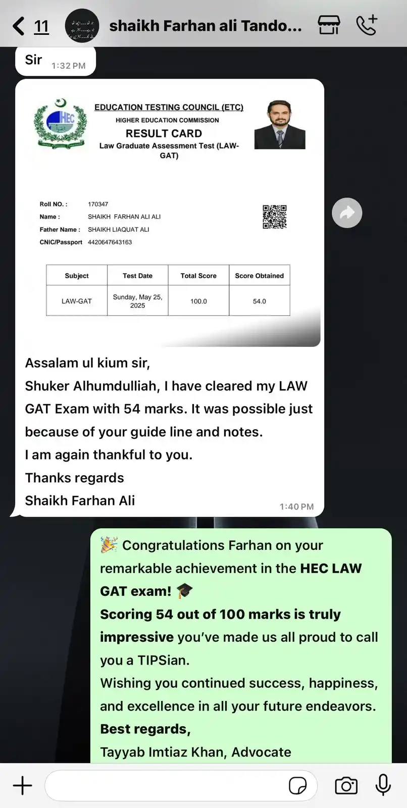 Image from TIPS LAW ACADEMY AND EDUCATIONAL CONSULTANTS: Congratulations Farhan! 🌸 All praise to Allah Almighty — we’re proud ...