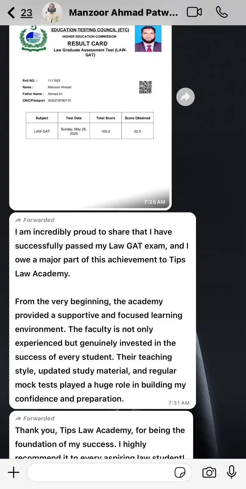 Image from TIPS LAW ACADEMY AND EDUCATIONAL CONSULTANTS: Congratulations Manzoor! 🌸 All praise to Allah Almighty — we’re proud...