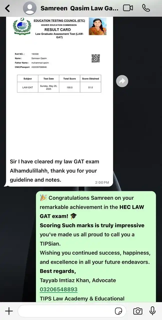 Image from TIPS LAW ACADEMY AND EDUCATIONAL CONSULTANTS: Congratulations Samreen! 🌸 All praise to Allah Almighty — we’re proud...