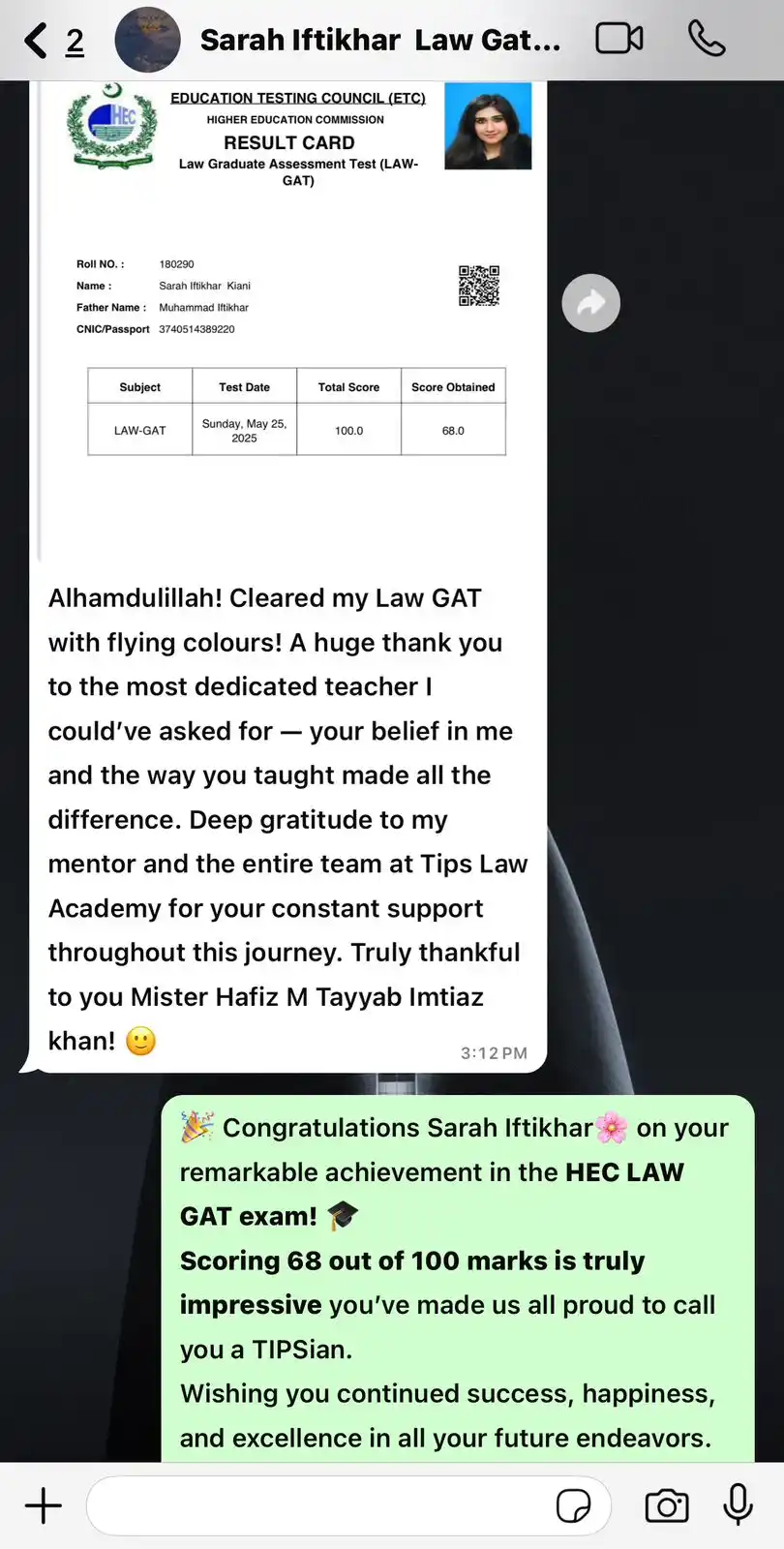 Image from TIPS LAW ACADEMY AND EDUCATIONAL CONSULTANTS: Congratulations Sarah! 🌸 All praise to Allah Almighty — we’re proud t...
