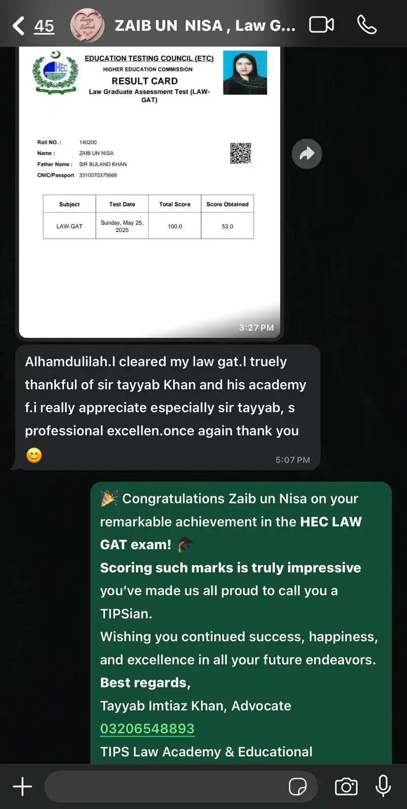 Image from TIPS LAW ACADEMY AND EDUCATIONAL CONSULTANTS: Congratulations Zaib un Nisa! 🌸 All praise to Allah Almighty — we’re ...