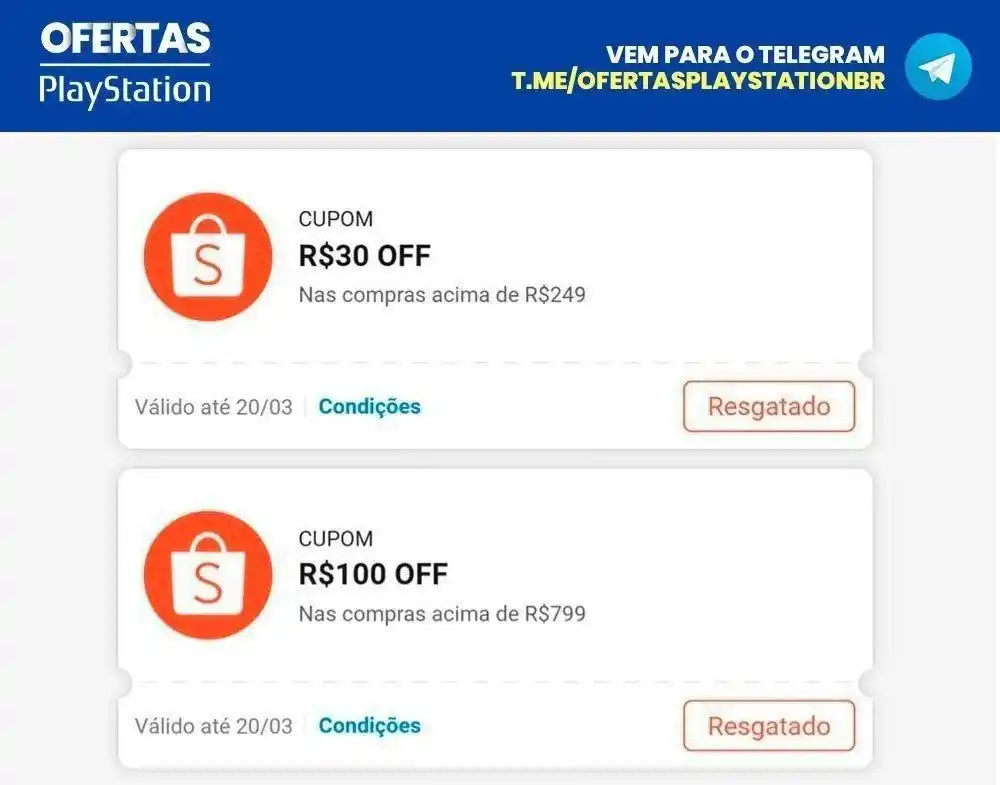 Image from Ofertas Playstation BR: *Cupons de R$30 + R$100* na Shopee🇧🇷 Quinta é dia de resgatar o cup...