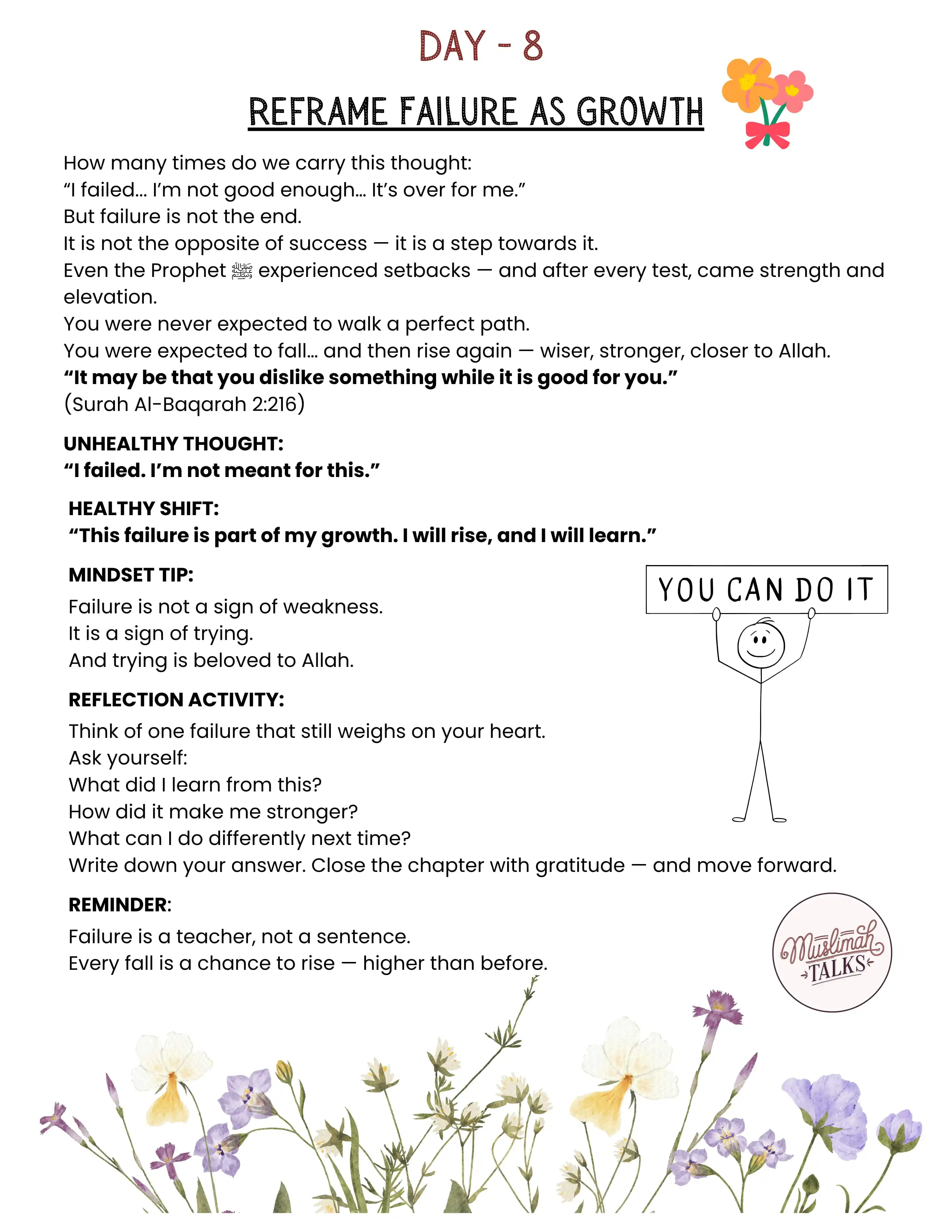 Image from Muslimah Talks: *Day 8: Reframe Failure as Growth*   Failure is not the end. It is a s...