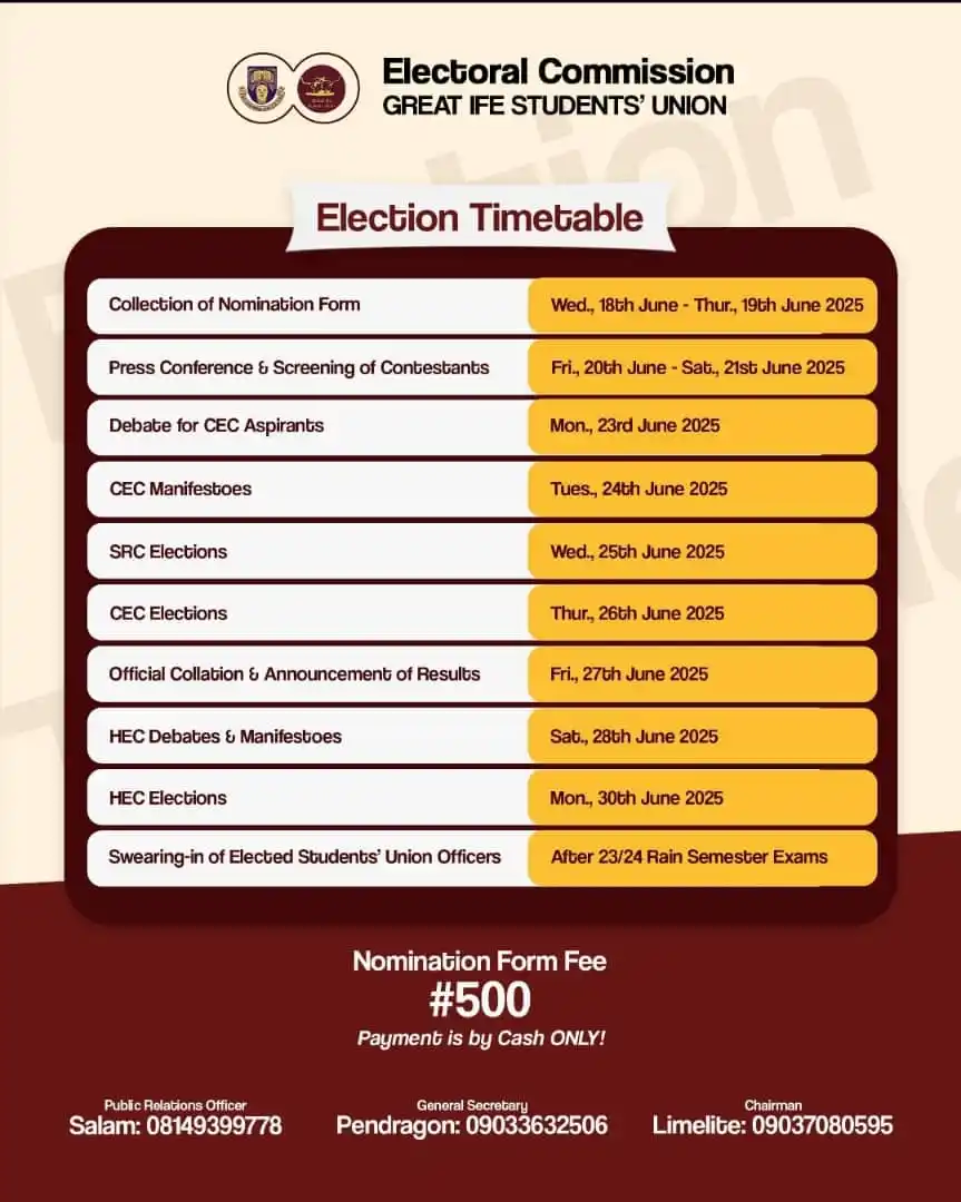 Image from RAIN SEMESTER UPDATES 2023/2024.: *ELECTORAL COMMISSION* *GREAT IFE STUDENTS' UNION* *OBAFEMI AWOLOWO UN...