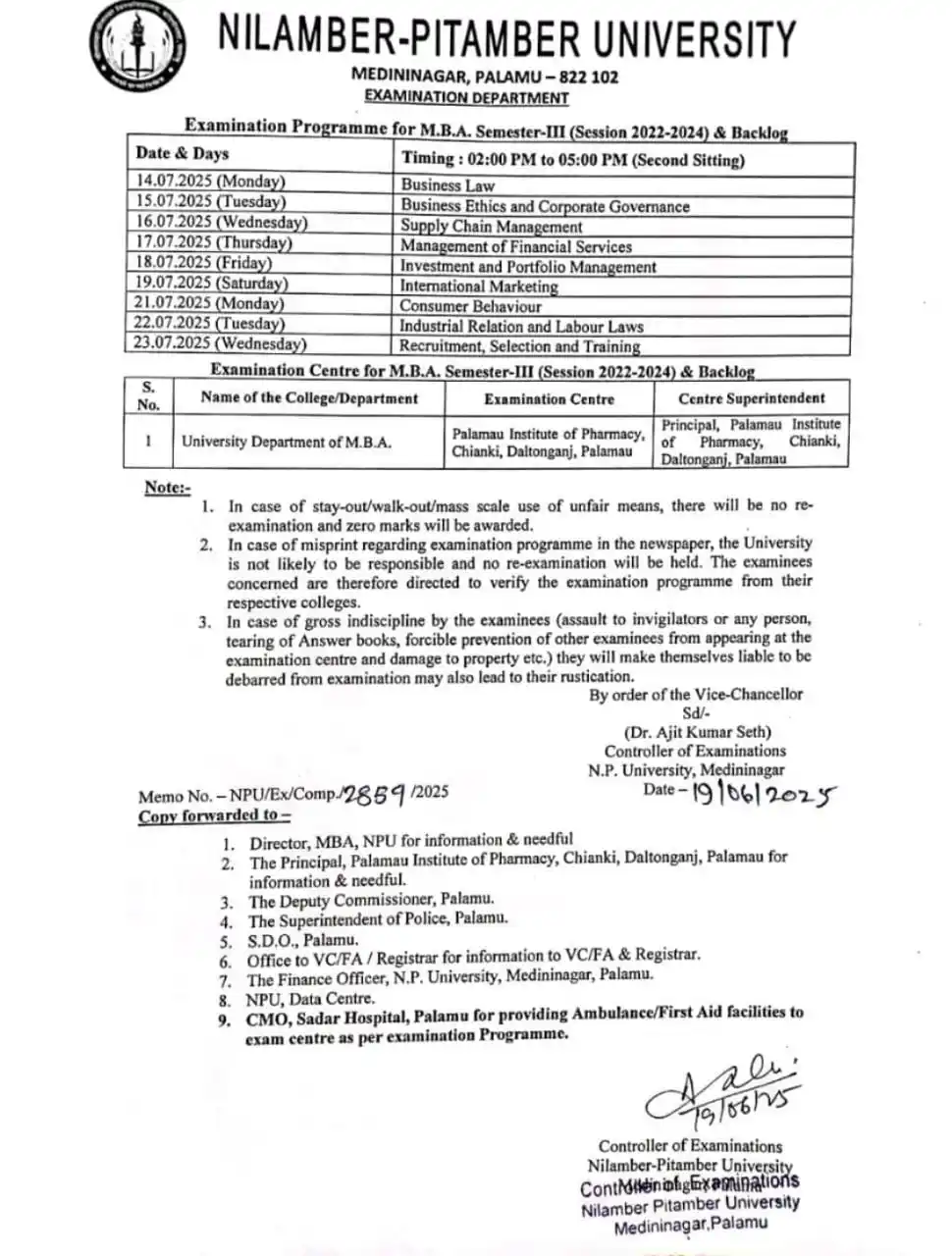 Image from NPU UPDATE: *Examination Programme for M.B.A. Semester-III (Session 2022-2024) & B...