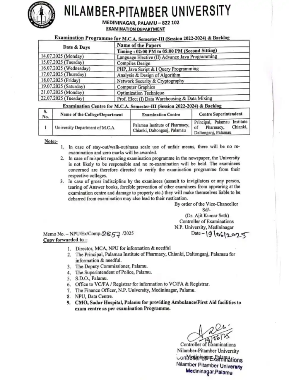 Image from NPU UPDATE: *Examination Programme for M.C.A. Semester-III (Session 2022-2024) & B...