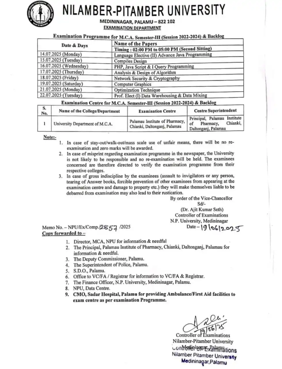 Image from NPU UPDATE: *Examination Programme for M.C.A. Semester-III (Session 2022-2024) & B...
