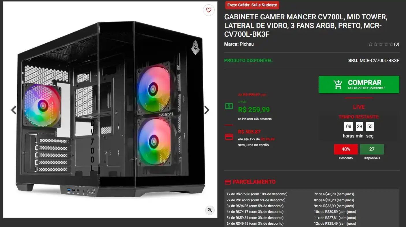 Image from AnruTech - Promoções: 🔥 Gabinete Gamer Mancer CV700L, Mid Tower, Lateral De Vidro, 3 Fans A...