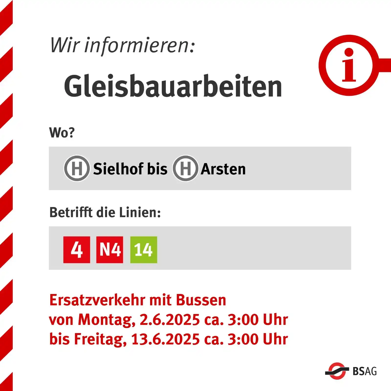 Image from Bremer Straßenbahn AG Fahrgastinformation: 🚧 Gleisbauarbeiten Arsten 🚧 Grafische Darstellung: ➡️ https://fahr...