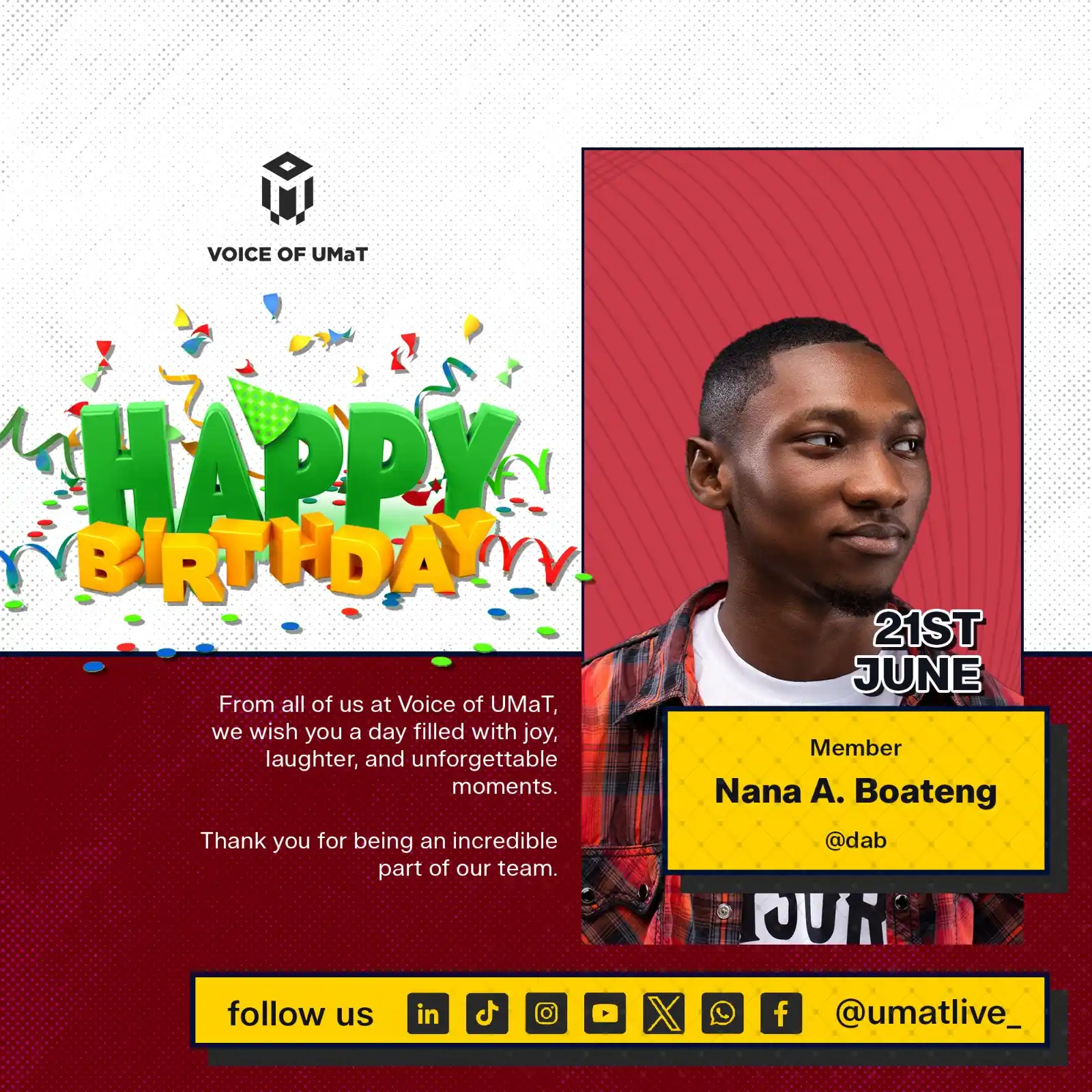 Image from 𝐕𝐨𝐢𝐜𝐞 𝐎𝐟 𝐔𝐌𝐚𝐓: Happy birthday to our Chief Editor🎉🎊  We appreciate his commitment, ...