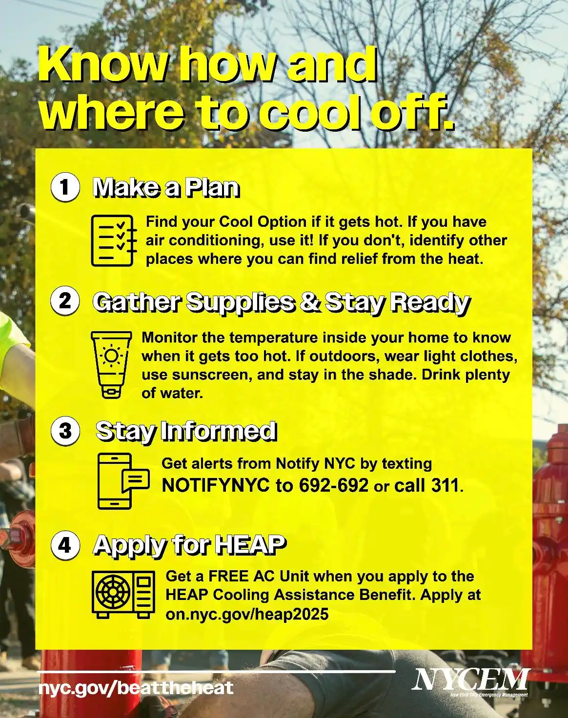 Image from NYC Emergency Management: 🔥 Heat index could reach up to 90 degrees today! NYC summers are no j...