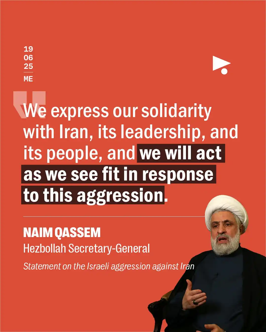 Image from Megaphone News: _News_ | *Qassem supports Iran against Israeli aggression: We will act...
